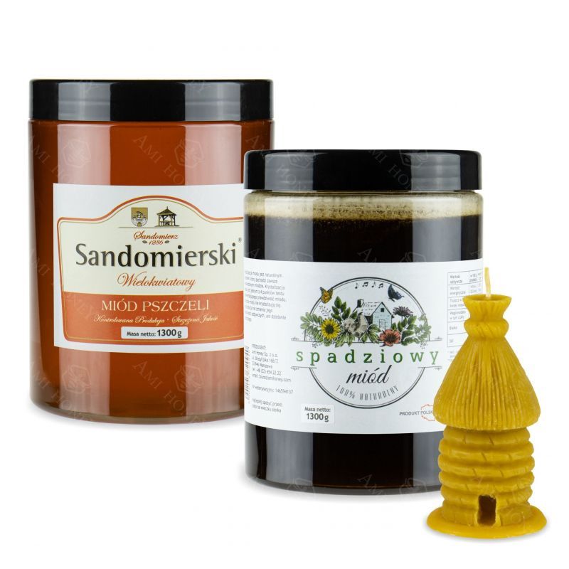 Zestaw miodów pszczelich Sandomierski Wielokwiatowy 1300g i Murarka Spadziowy 1300g ze świecą z wosku pszczelego Kószka 95mm