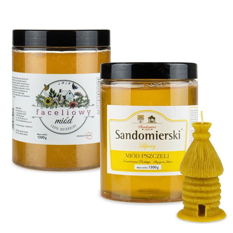 Zestaw miodów pszczelich Murarka Faceliowy 1300g i Sandomierski Lipowy 1300g ze świecą z wosku pszczelego Kószka 95mm